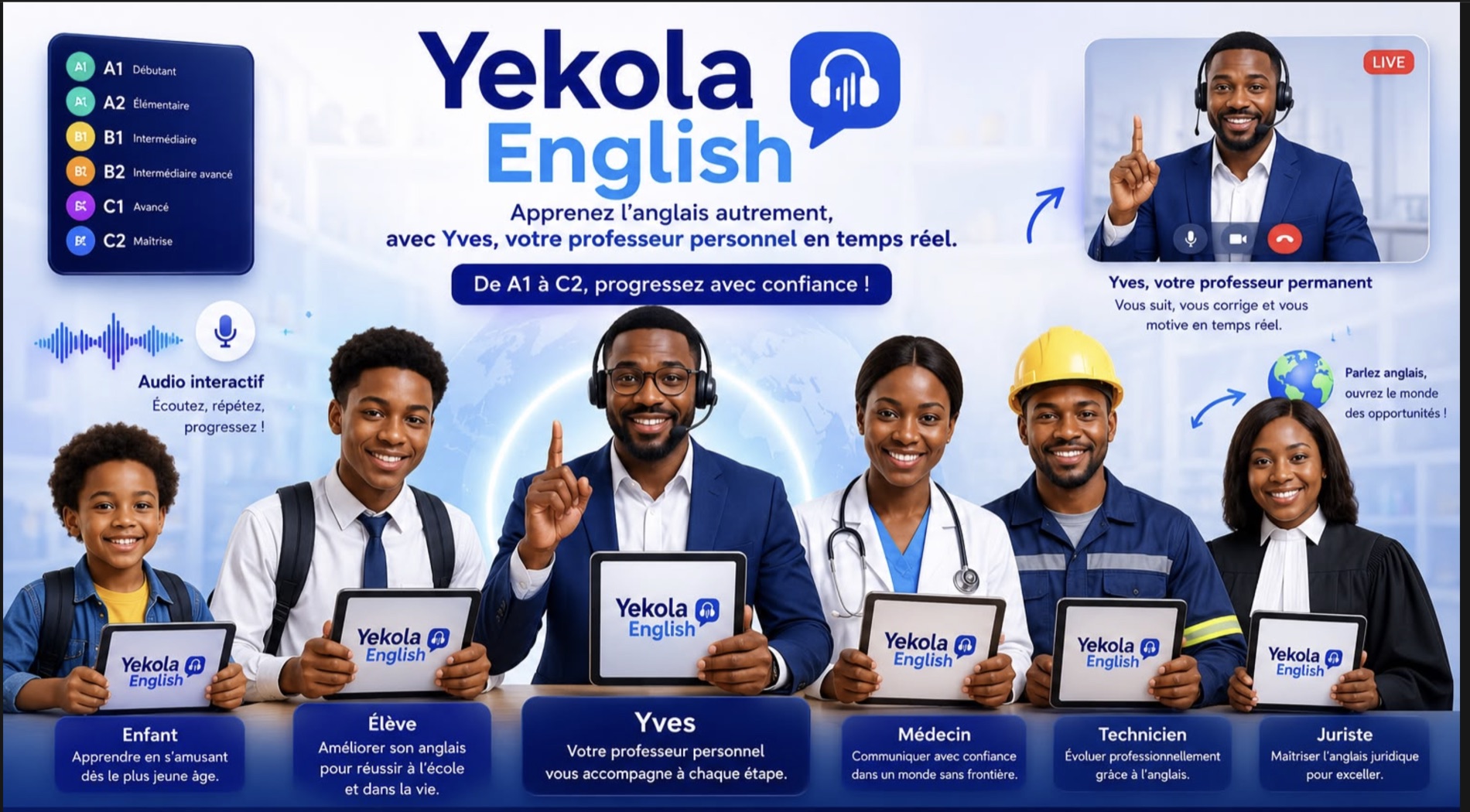 Affiche Yekola English : Yves, professeur en visio LIVE, entouré d'apprenants (enfant, élève, médecin, technicien, juriste) tenant des tablettes ; les niveaux A1 à C2 et les atouts audio interactif, suivi en temps réel et parcours personnalisé.